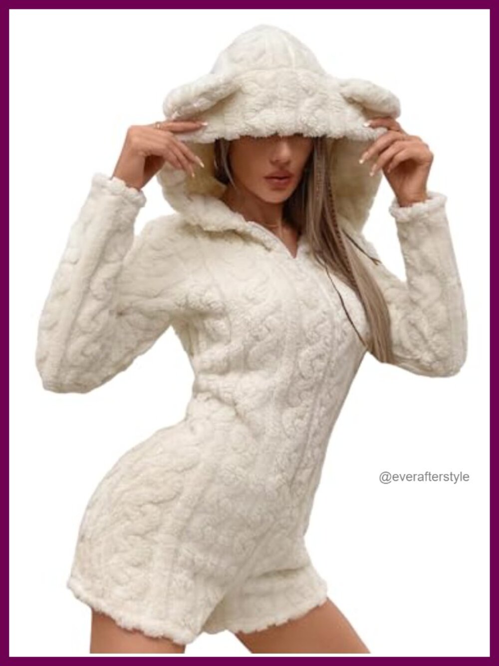 Fuzzy Flannel Hooded Romper 3D Ear Long Sleeve Warm Jumpsuit Shorts